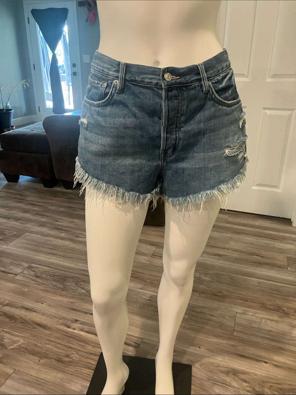 We The Free Distressed Frayed Hem Denim Shorts - Blue Wash